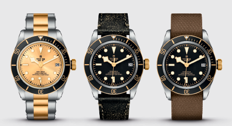 3 relojes Tudor de la colección Black Bay, el primero con esfera dorada y bisel negro con brazalete acero y oro, los otros dos tienen la misma esfera negra con indices dorados y bisel negro, los diferencia el brazalete, el primero negro y el segundo marrón.