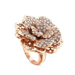 Sortija de oro rosa con flor grande de pavé de diamantes