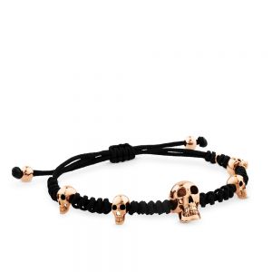 Pulsera de cordon negro con calaveras de oro rosa