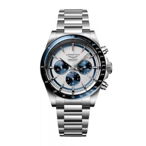 Longines Conquest Cronógrafo esfera blanca bisel azul 42mm