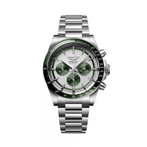 Longines Conquest Cronógrafo esfera blanca bisel verde 42mm
