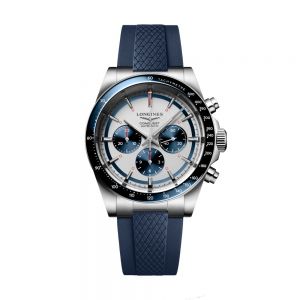 Longines Conquest Cronógrafo esfera blanca bisel correa azul 42mm