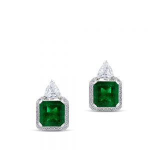 Pendientes cuadrados de oro blanco con diamantes y esmeralda