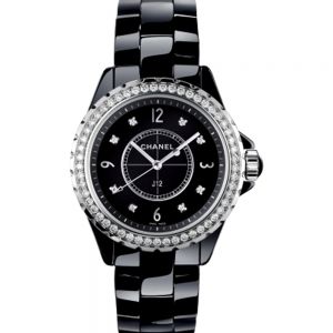 CHANEL J12 Cerámica negra e índices y bisel de diamantes 33mm