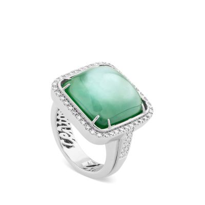 Sortija cuadrada de oro blanco con doblete de cuarzo verde y nacar y pavé de diamantes