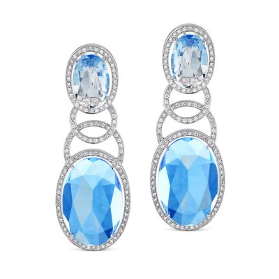 Pendientes largos de oro blanco con circulos de diamantes y cuarzo azul