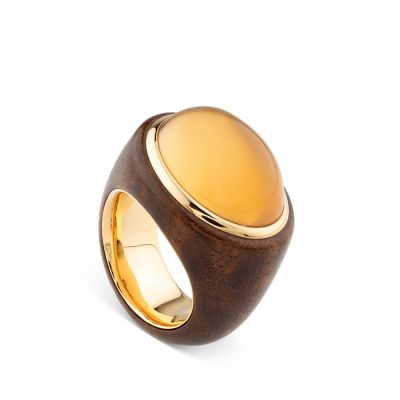 Sortija de madera marrón y oro amarillo con citrino