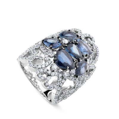 Sortija ancha de oro blanco con pavé de diamantes y zafiros