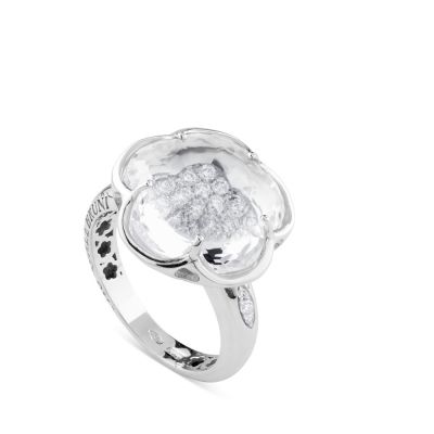 Sortija de oro blanco línea Bon Ton de Pasquale Bruni con cuarzo blanco y laterales con pavé de diamantes