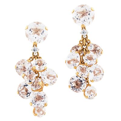 Pendientes largos de oro rosa con diamantes y cristal de roca