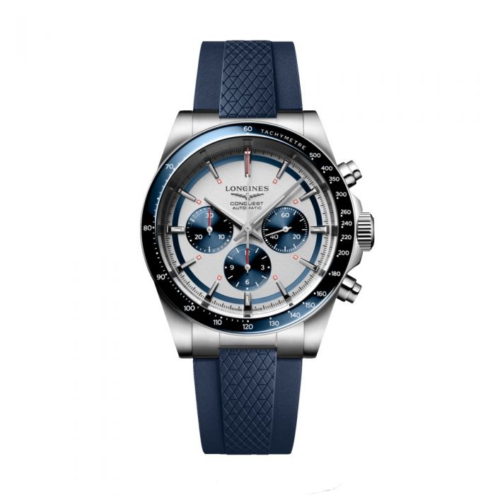 Longines Conquest Cronografo esfera blanca bisel correa azul 42mm Chocron Joyeros