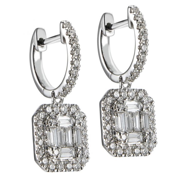 Pendientes de oro blanco con aro y diamantes talla baguette Chocron Joyeros Chocron Joyeros