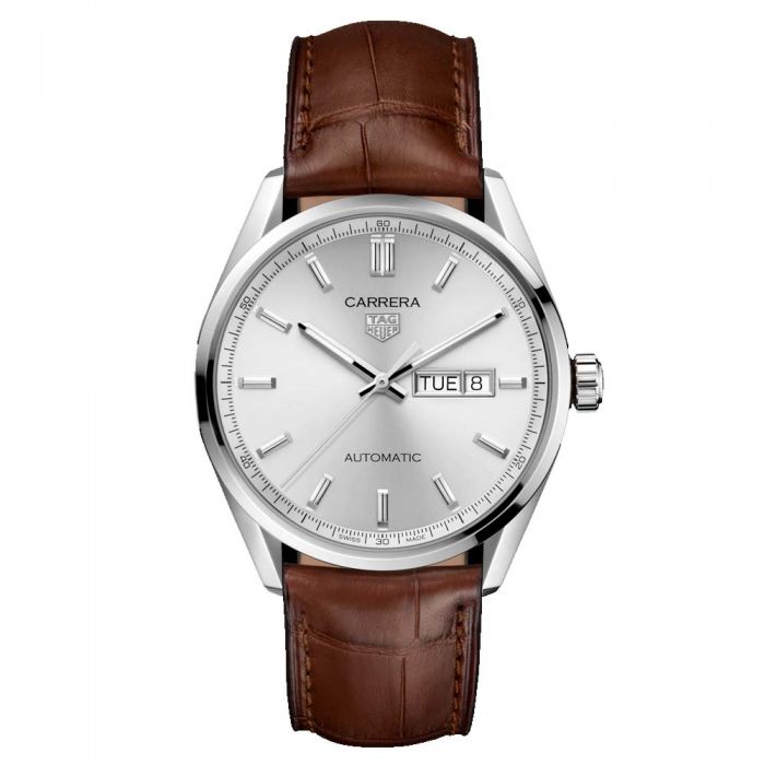 TAG Heuer Carrera Calibre 5 Automatico Day Date 41 mm Esfera Plateada Piel Distribuidor oficial TAG Heuer Chocron Joyeros